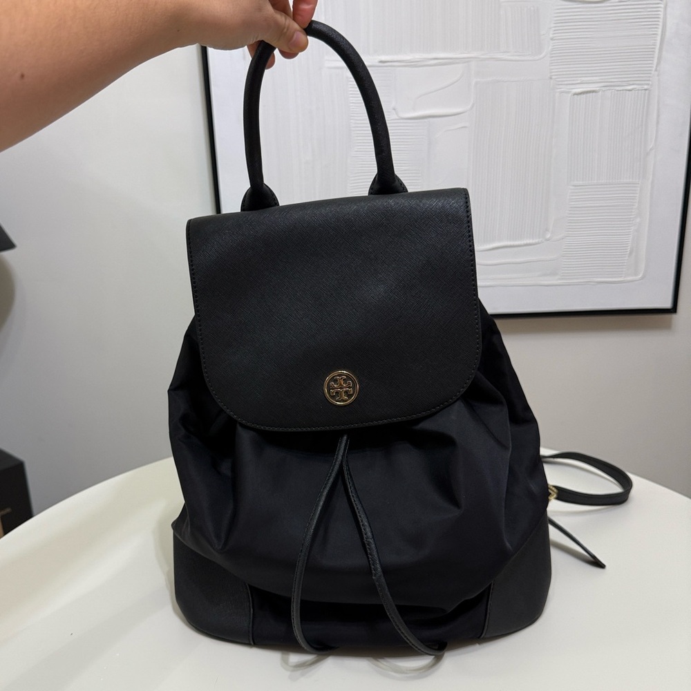 TORY BURCH Black Backpack with Gold accents Piper Flap trending - Picture 2 of 9